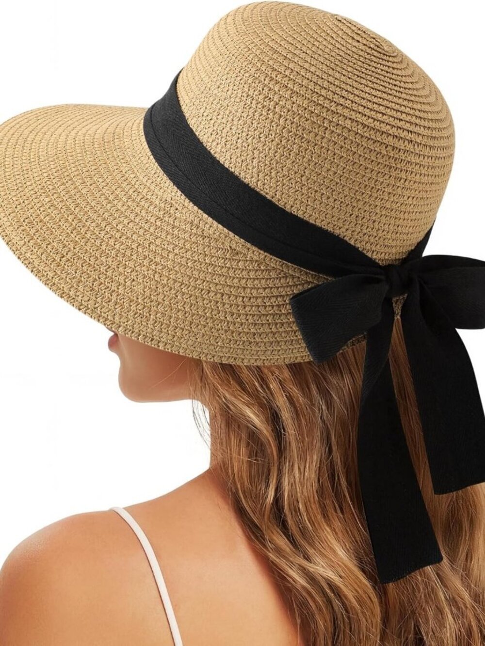 Women's Sun Hats Straw Beach Hat Sun Protection Foldable Khaki With Black Ribbon